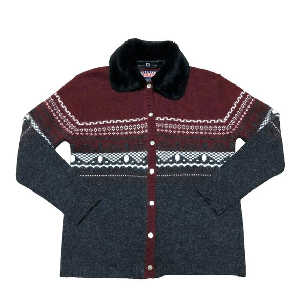 VTG ANGORA WOOL BLEND CARDIGAN SZ S GRAY FAUX FUR COLLAR SHELL BUTTONS MAC & JAC - Picture 1 of 5